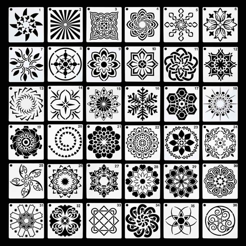 TTSAM 36 Pack Mandala Stencils (3.6x3.6 Inch) Mandala Dotting Painting Template Stencil Set for Painting Perfect for DIY Painting Art Projects Wood Wall Floor Fabric Furniture Tile Christmas Gift (Reusable) - Image 1